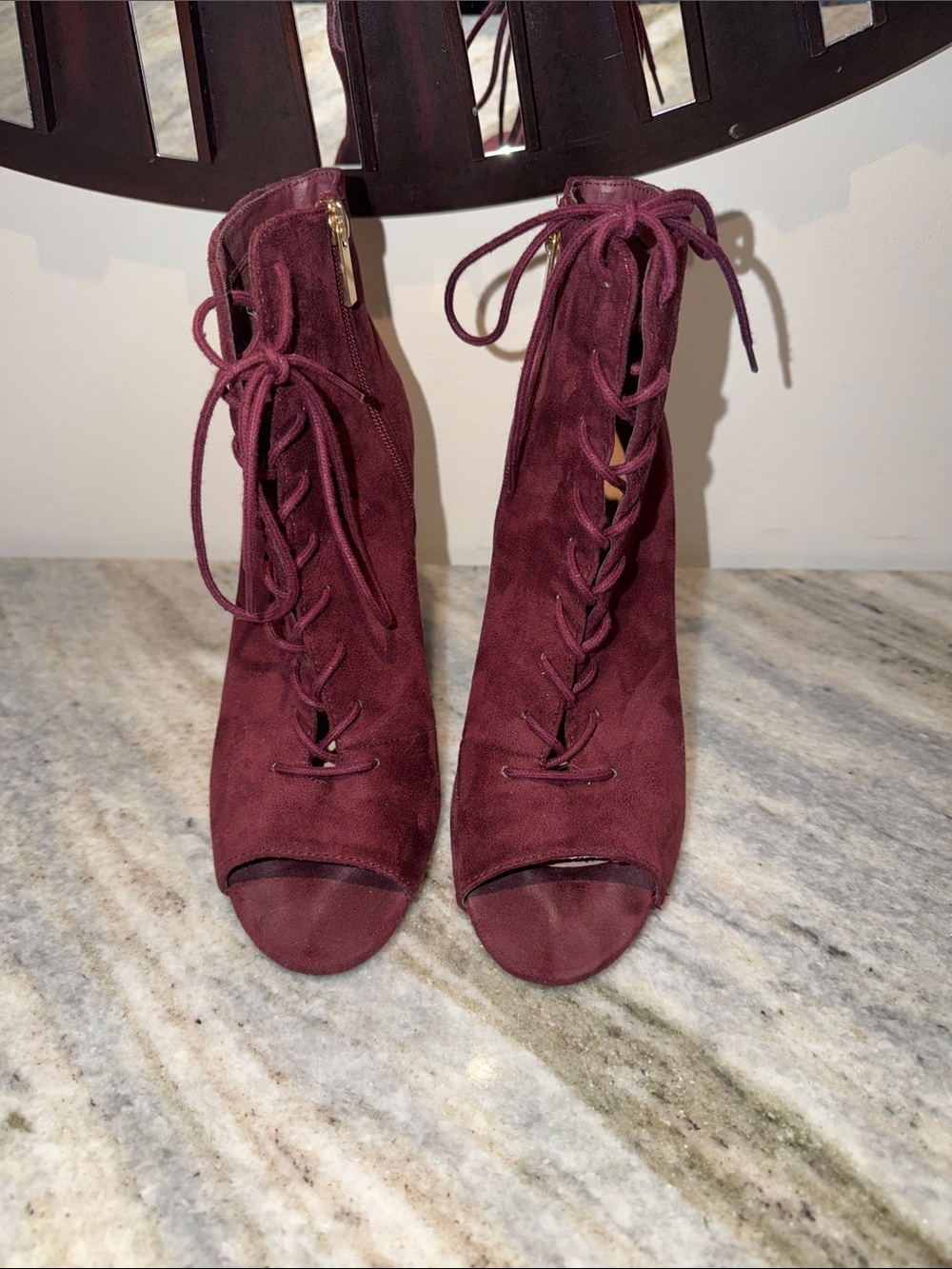 Liliana Women’s Vanguard-1 Lace-Up Peep Toe Booties - Burgundy 7.5